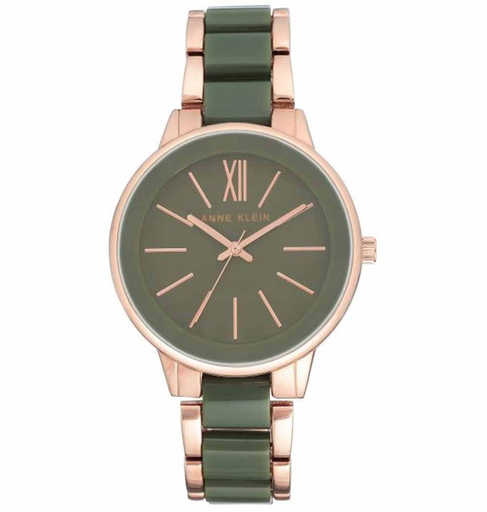 Anne Klein Anne Klein Classic  1412OLRG  1412OLRG кварцевые женские часы зеленый циферблат, браслет сталь c pvd покрытием + пластик — вид спереди